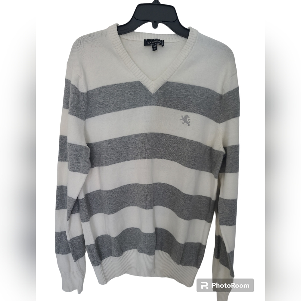 Express Men's Striped Pullover Sweater gray and white Size Medium
